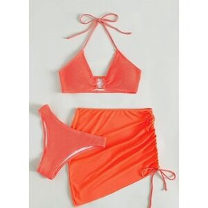 MakeMeChic Womens 3 Piece CORAL ORANGE Medium Bikini Set Swimsuit with Skirt